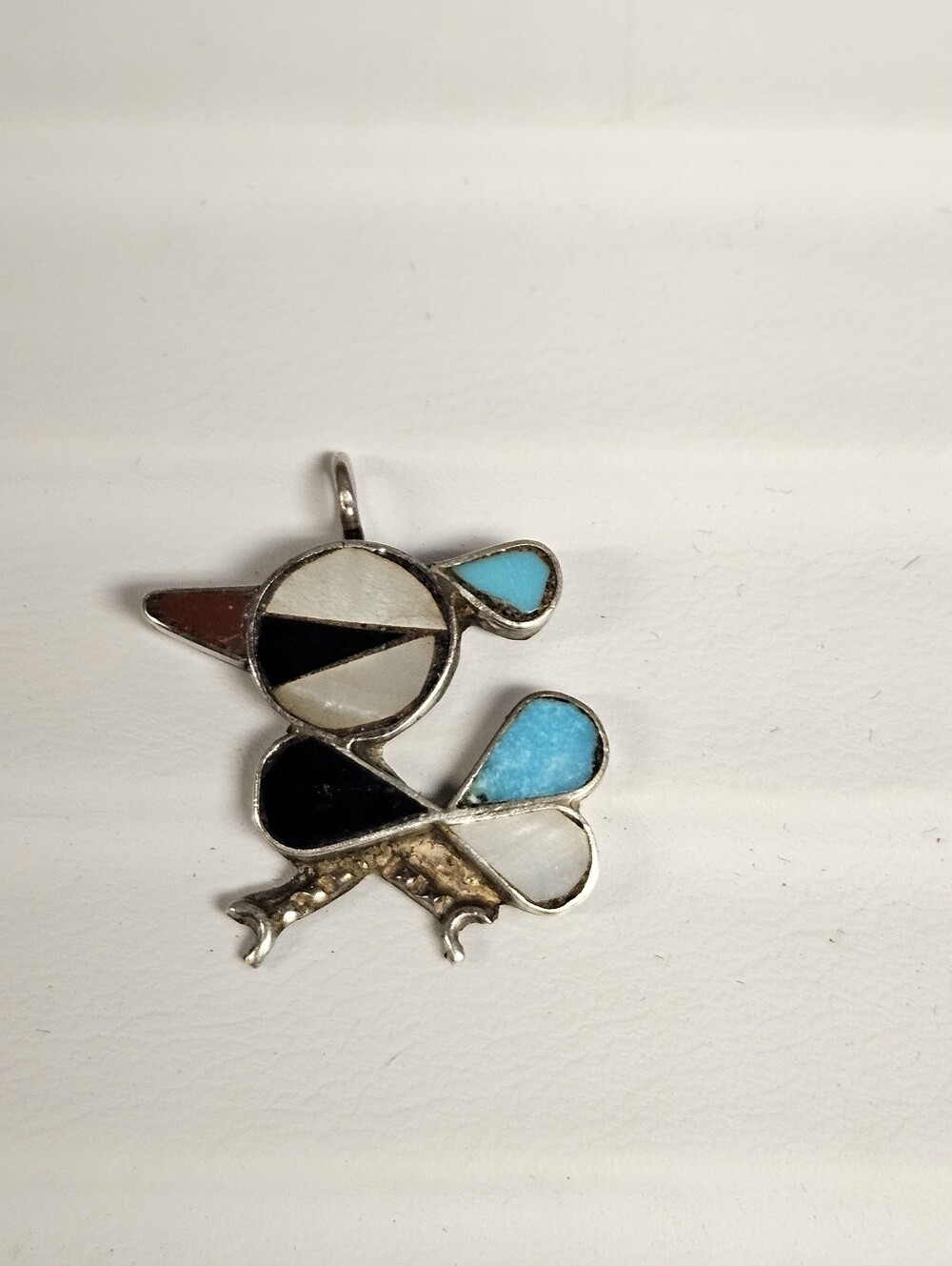 Vintage Zuni Sterling Turquoise & Coral Inlay Bird Pendant